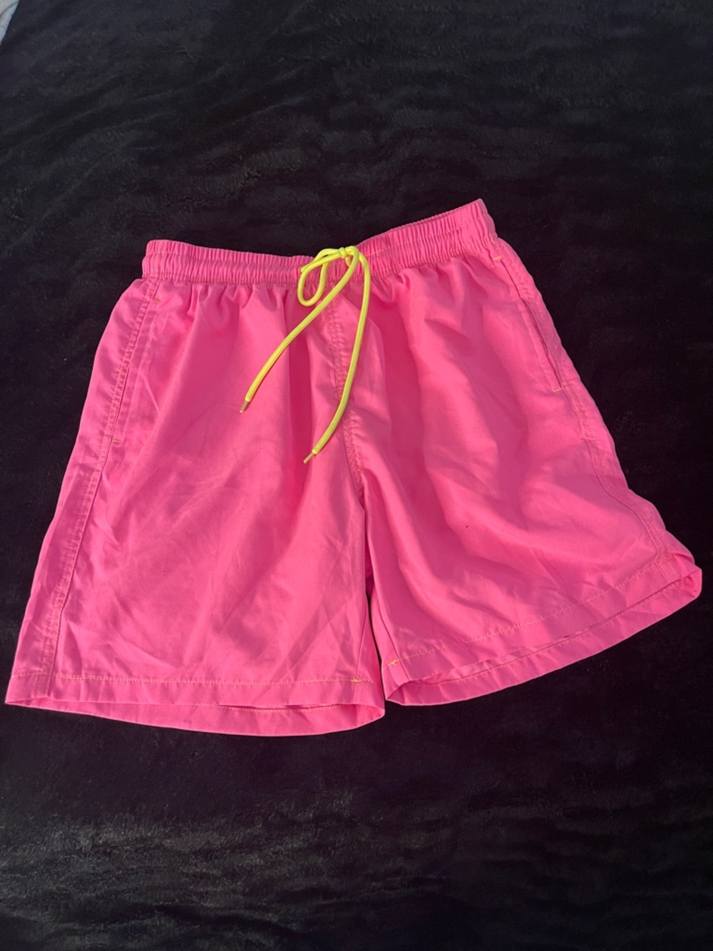 Men's Neon Pink Swim Trunks with Yellow Drawstring